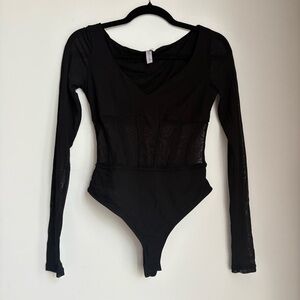 Urban Outfitters Black Mesh Long Sleeve Corset Bodysuit